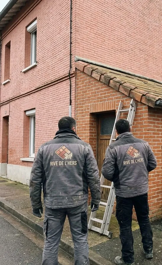 Deux couvreurs de Rive de l’Hers devant un appentis en brique rose en cours de découverture, échelle posée, nord-est de Toulouse